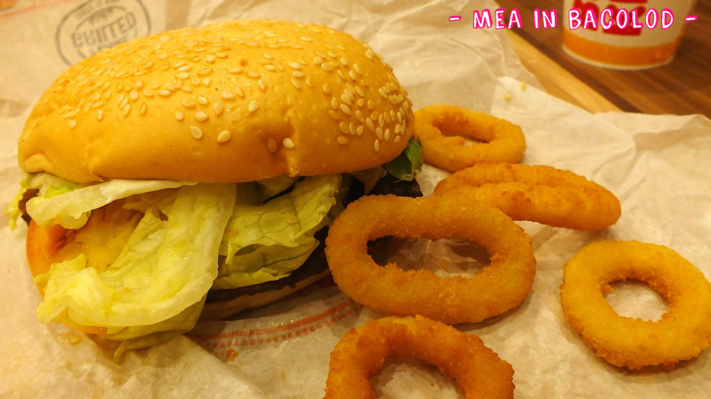 A closer look at the Whopper and the onion rings.