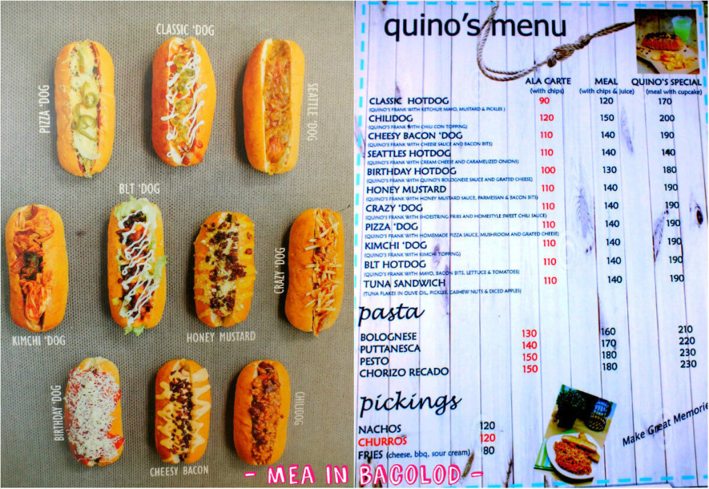 Quino's menu and hot dog photos