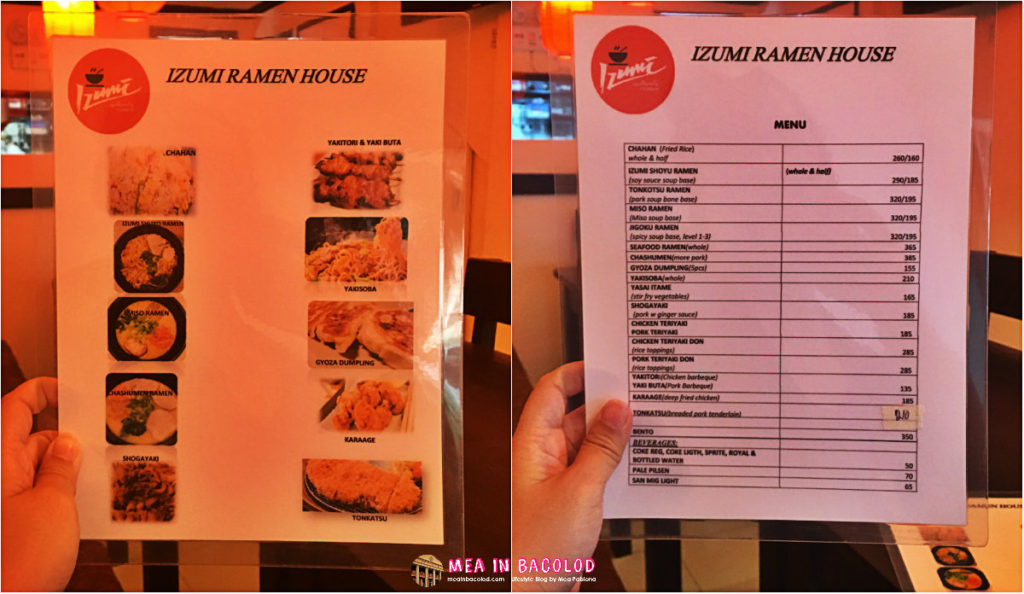 Izumi Ramen House Menu | Mea in Bacolod